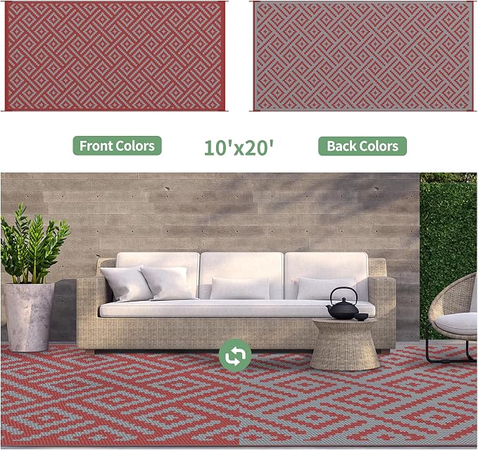 GENIMO Outdoor Rug for Patio Clearance, 10'x20' Reversible Plastic Straw Rugs, Lightweight Waterproof RV Camping Mat for Camper, Balcony, Deck, Backyard, Picnic, Red Grey