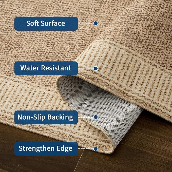 Garvee Large Washable Rug 9x12 Modern Bordered Living Room Rug Jute | Non Slip Soft Foldable Indoor Carpet Stain-Resistant Low Pile Floor Cover for Bedroom Nursery Office Dorm Kids Room Playroom