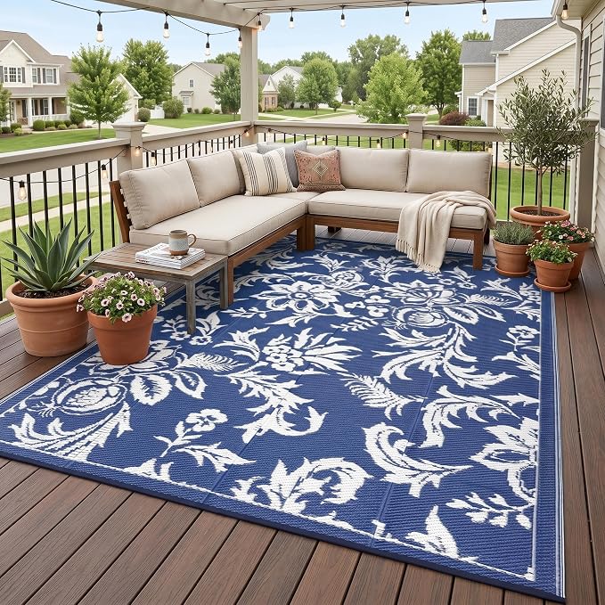 IDEALHOUSE Waterproof Outdoor Rug 8x10 for Patio, Foldable Reversible Area Rug, Large Plastic Straw Mat for Camping, RV, Porch, Backyard, Picnic, Beach, Blue & White