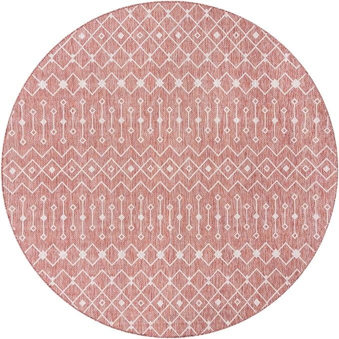 Unique Loom Outdoor Trellis Collection Area Rug - Tribal Trellis (10' 8" Round, Rust Red/ Ivory)