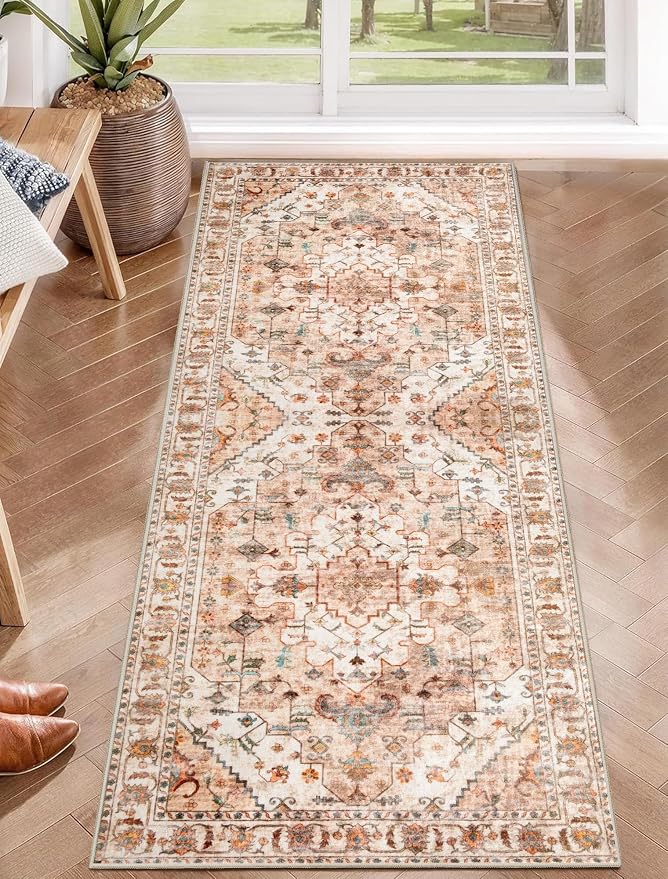 SERISSA 2x5 Washable Non Slip Boho Runner Rug for Hallway，Peach Cream | Ultra Soft Vintage Oriental Carpet Low-Pile Distressed Tribal Floor Carpet for Kitchen Bedroom Bathroom Laundry Living Room