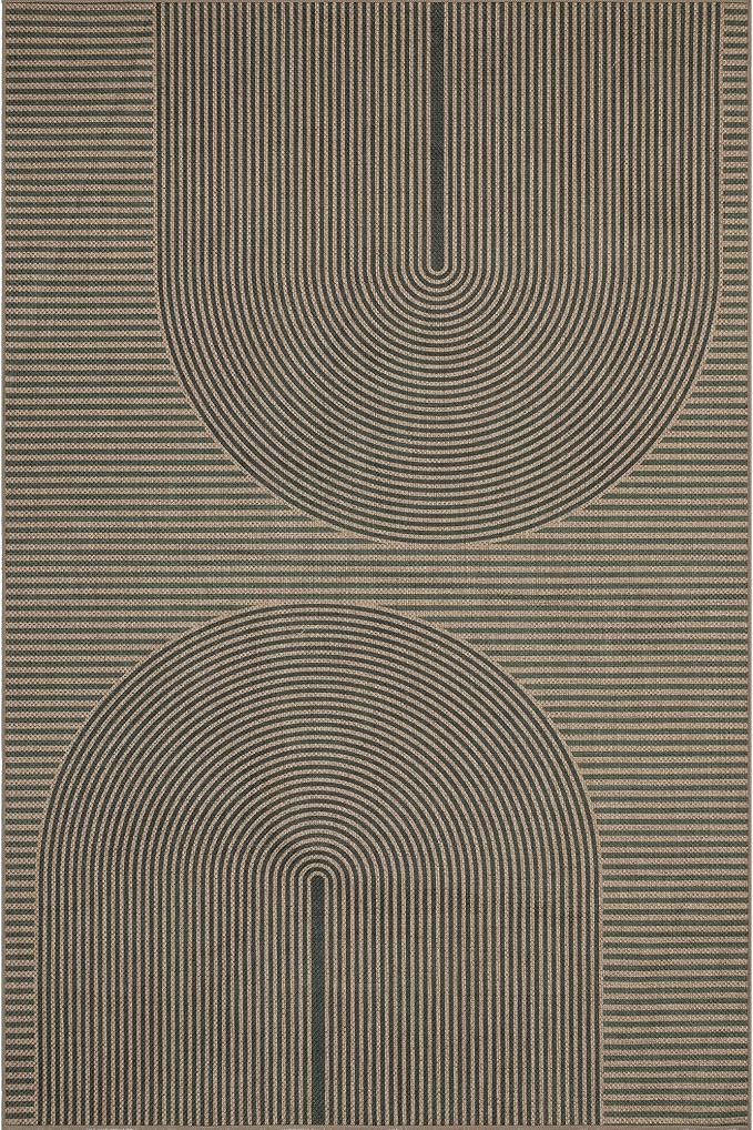 Easy Jute Rug 3x5 Outdoor: Natural Area Rugs for Patio Linen-Look Fabric Durable - Neutral Washable Carpet Mat for Entryway Bedroom Kitchen Non-Slip - Green Curve Pattern