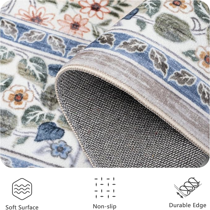 6x6 Square Area Rugs, Machine Washable Low Pile Floral Rugs for Living Room, Bedroom, Large Boho Area Rug with Non-Slip Backing for Dining Room(Beige Floral)
