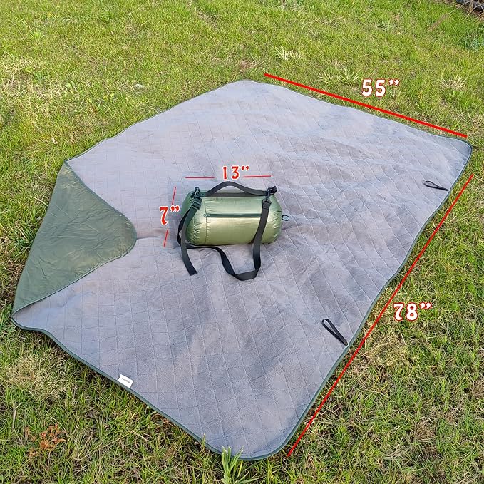Large Outdoor Waterproof Blanket-Quilted Extra Thick Fleece Windproof Warm Includes Stuff Sack Shoulder Strap Machine Washable,55"x78"- Army Green