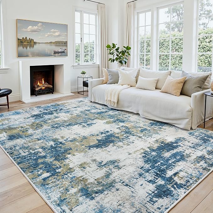 6x9 Area Rugs for Living Room: Washable Soft Blue Abstract Bedroom Carpet | Non-Slip TPE & Stain Resistant,0.25" Low-Pile,Kids Pet Friendly Modern Decor for Dining Room Farmhouse Office, Non-Shedding