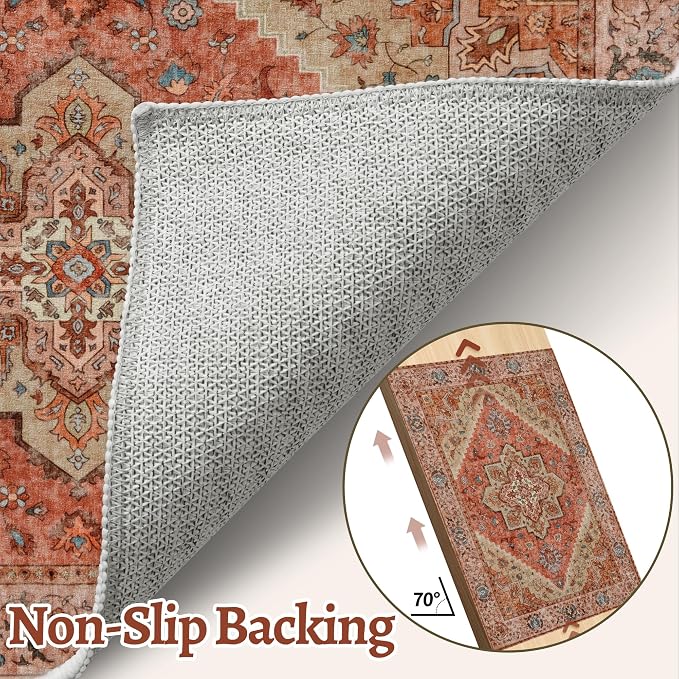 Tangsoo 2.6x8 Washable Runner Rug for Hallways, Non Slip Boho Runners | Vintage Soft Low Pile Long Runner Rug, Oriental Carpet Hallway Runners for Kitchen Bedroom Entryway Bathroom Terracotta