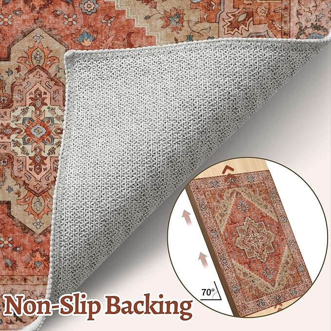 Tangsoo Vintage 4x6 Area Rugs for Living Room, Washable Indoor Non Slip Rug | Oriental Machine Washable Large Rug Carpet, Boho Soft Low Pile Foldable Rugs for Dining Room Bedroom Dorm Bedside Terracotta