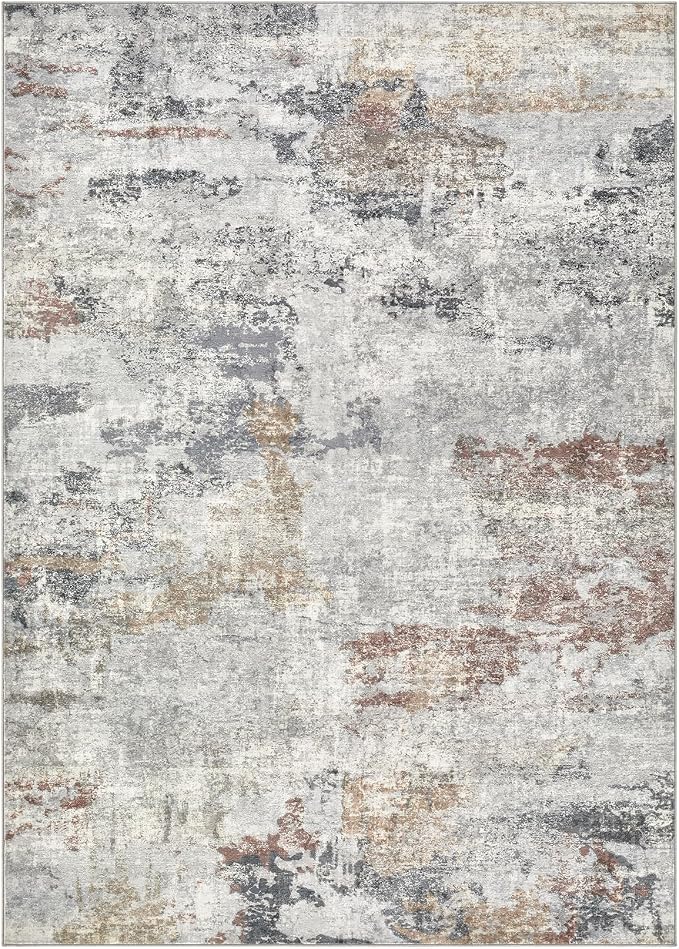 DMOYEST 8x10 Area Rug for Living Room Washable Abstract Indoor Carpet | Neutral Modern Low Pile Rugs Kid & Pet Friendly Large Soft Thin Carpet for Bedroom Dining Room - Grey/Orange/Yellow