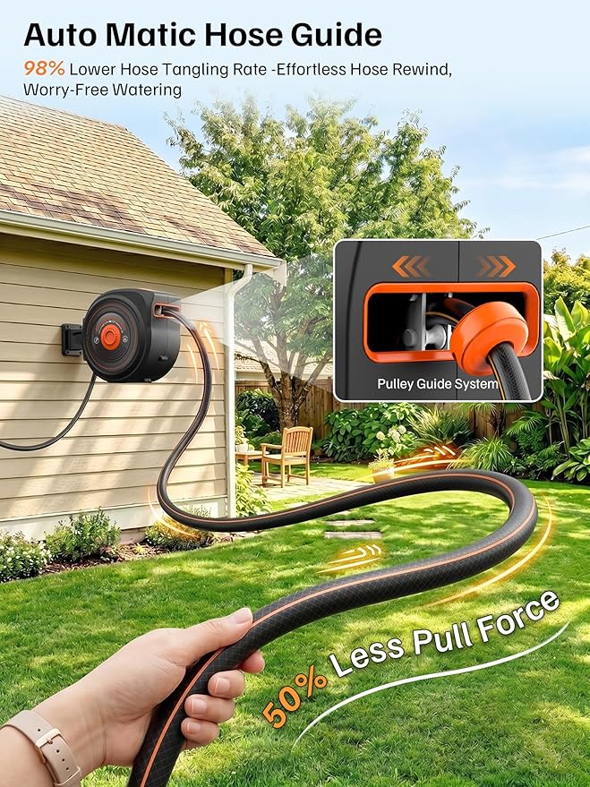 Mars Villa Retractable Garden Hose Reel 1/2 IN x 50 FT, Wall Mounted Heavy Duty Water Hose for Outside, Auto-Rewind & Any Length Lock, 180° Swivel Bracket, Slow Return, 10 Spray Patterns, UV-Resistant