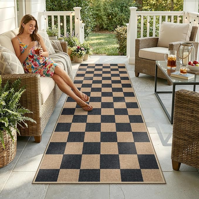 Lahome Colette Checkered Easy Jute Runner Rug, 2x8 Kitchen Rug Non Slip Washable Outdoor Runner for Entryway Indoor, Checkerboard Black Indoor Outdoor Carpet for Hallway 8ft Entry