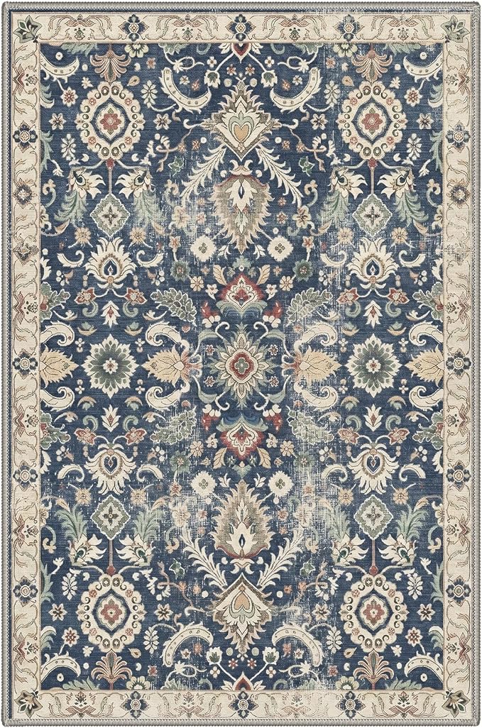 2x3 Doormat, Vintage Floral Washable Non Slip Area Rug for Entrance | Persian Floral Soft Low Pile Boho Small Rug for Entryway Bedside Kitchen, Stain Resistant Lightweight Easy Care, Muted Navy