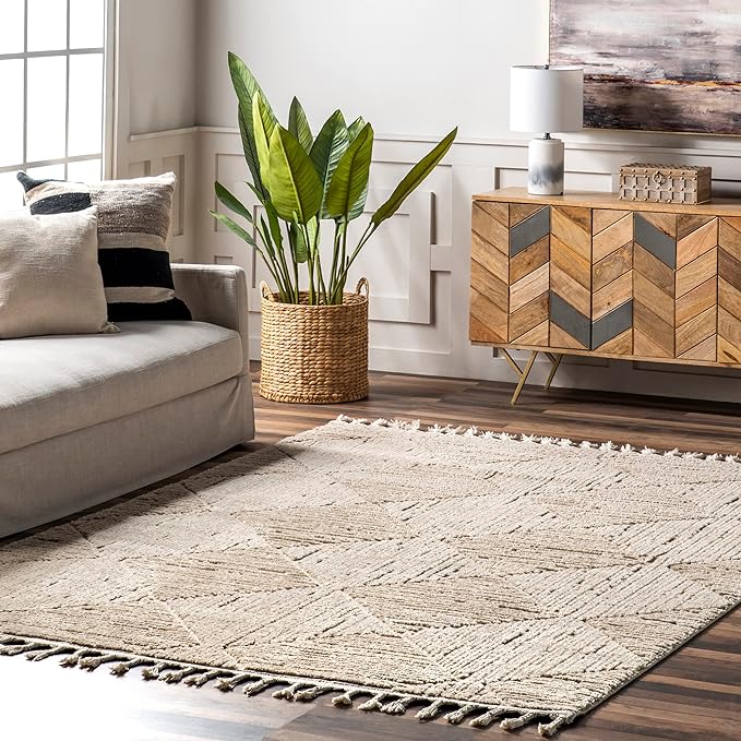 nuLOOM Kerry Beige Geometric Power Loomed Area Rug, 7' x 9' | Nuloom Kerry Geometric 7' x 9' Area Rug for Living Room Bedroom Dining Room, Beige