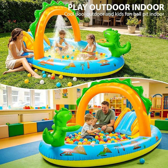 SULIFEEL 2026 Inflatable Dinosaur Play Center Kiddie Pool with Slide and Sprinkler for Children, Toddler Blow Up Splash Pad for Backyard and Garden 96"x59"x39"
