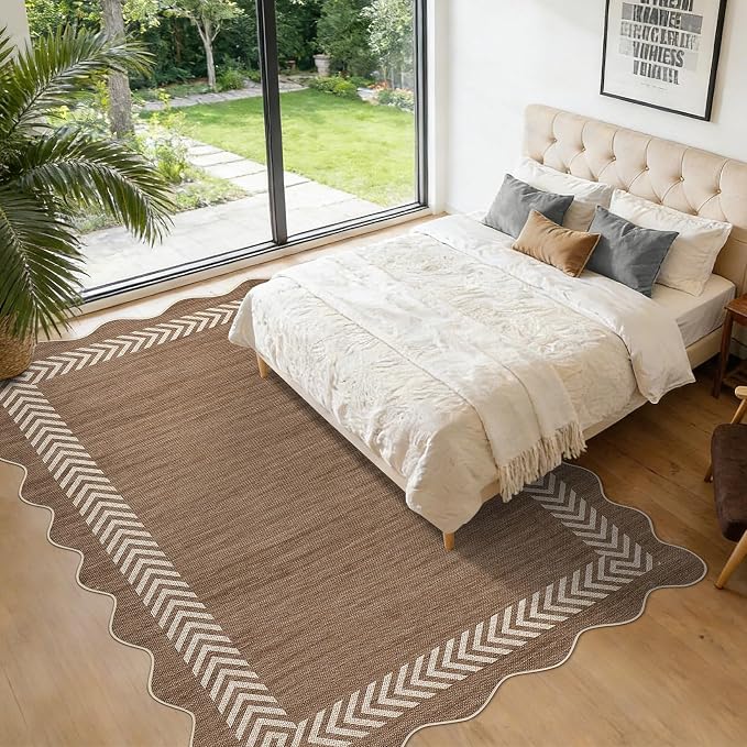 Garvee Large Area Rug 10x13 Rugs Easy Jute Washable Rug, Brown | Scalloped Area Rug Stain Resistant Easy Cleaning Throw Rugs Low Pile Floor Cover for Nursery Dining Room Apartment