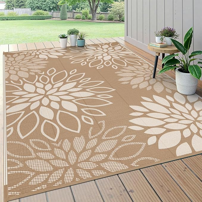 HEBE Waterproof Outdoor Rug 6x9 for Patios, Floral Reversible Plastic Straw Rug Patio Mat, Indoor Outdoor Carpet RV Mat Camping Rug for Deck, Camper, Porch, Balcony, Backyard, Picnic