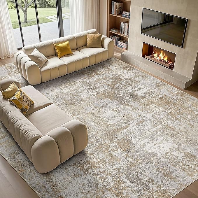 Tortania Washable 10x14 Area Rug for Living Room: Modern Abstract Neutral Large Soft Thin Rugs - Non Slip Indoor Carpet for Bedroom Dining Room Office Nursery Home Floor Decoration - Beige Brown