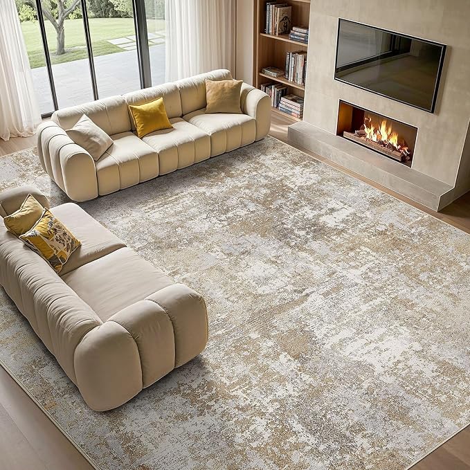 Washable 12x15 Area Rug for Living Room: Modern Abstract Neutral Large Soft Thin Rugs - Non Slip Indoor Carpet for Bedroom Dining Room Office Nursery Home Decor Floor Decoration - Brown Grey