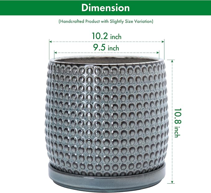 D'vine Dev 10 Inch Ceramic Beaded Stoneware Planter Pot - Flower Pot with Drainage Holes and Saucers for Indoor Succulent Plants or Flowers, Graphite Blue, 27-C-P-9