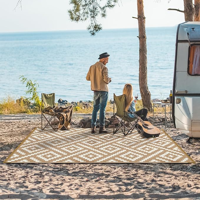 GENIMO Outdoor Rug for Patio Clearance, 6'x9' Waterproof Camping Mat, Reversible Plastic Straw Rugs for RV, Camper, Balcony, Backyard, Picnic, Deck (Brown & White)