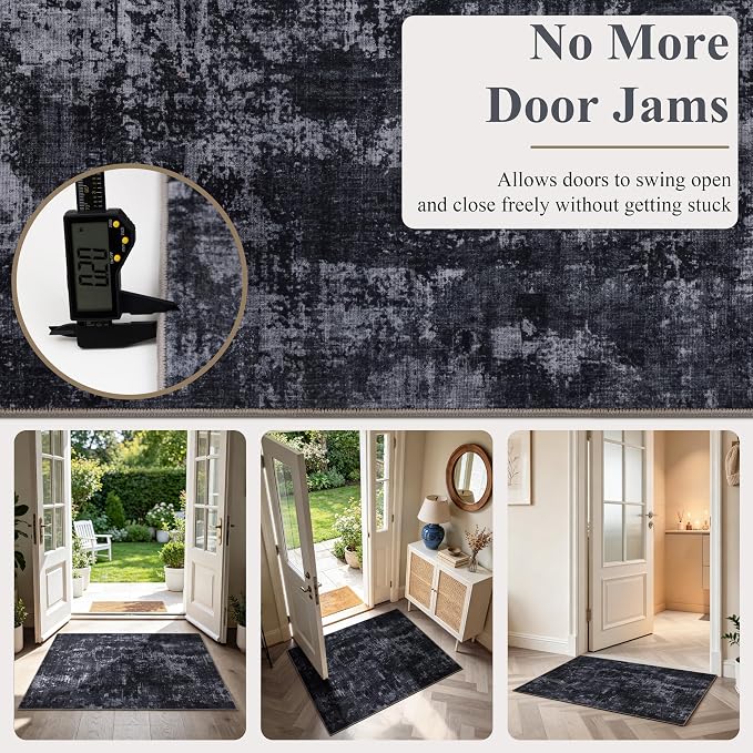 Sasttie 2x12 Runner Rug, Modern Abstract Hallway Carpet, Black & Grey | Machine Washable, Ultra-Soft Faux Wool, Low Pile, Non-Slip, Thin, for Entrance, Entryway, Kitchen & Laundry Room