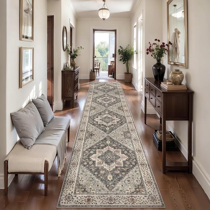 Tangsoo Farmhouse 2.6x12 Hallway Runner Rugs Washable Runner Rug Non Slip | Vintage Soft Low Pile Long Rug Runners, Oriental Boho Print Indoor Carpet Runners for Kitchen Bedroom Living Room Grey Decor
