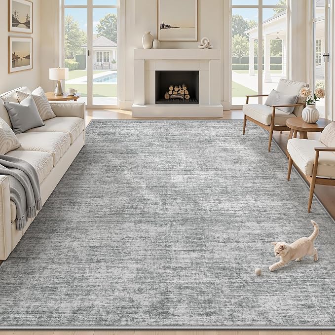 9x12 Area Rugs Living Room Rug: Washable Modern Abstract Rugs Neutral Non Slip Rug Soft Low Pile Indoor Bedroom Carpet for Nursery Office Dining Room Kids Room (Grey, 9'x12')