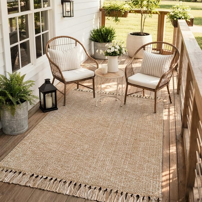 4' x 6' Hand Woven Bedroom Area Rug, Boho Indoor Outdoor Rugs | Tan Modern Farmhouse Living Room Rug, Comfy Jute Bedside Mats, Reversible Braided Dining Room Carpet for Nursery Room Patio
