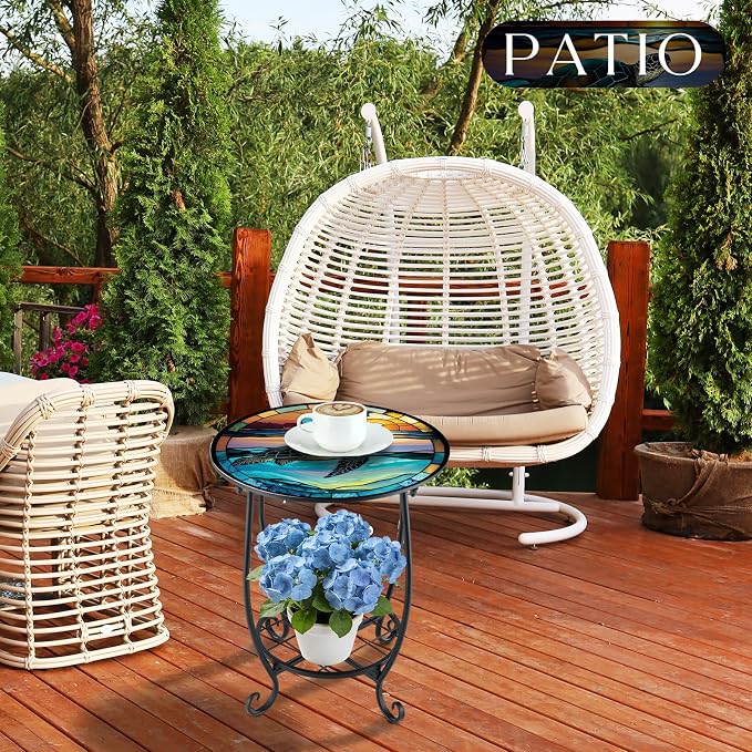 Cinnvoice Outdoor Side Table Round Small Mosaic Patio Accent Indoor End Plant Coffee Tea Table for Yard Patio Porch Garden Living Room, Bedroom(Turtle Style,12 Inch)