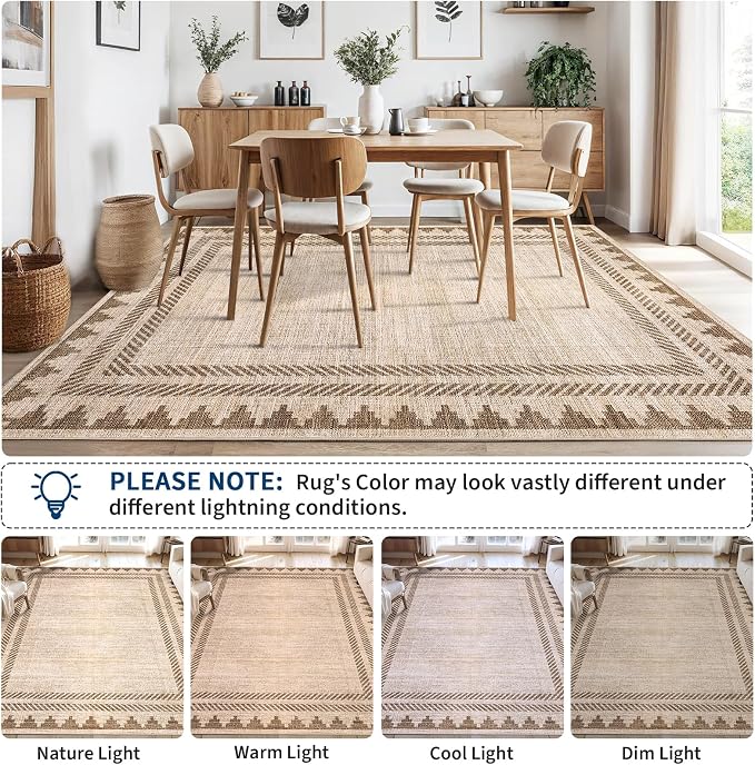 Washable Rugs 5x7 Unique Bordered Geometric Rug for Living Room, Modern Neutral Carpet with Non Slip TPR Backing,Stain-Resistant Non Shedding Floor Covering, Low Pile Foldable Mat for Nursery,Tan