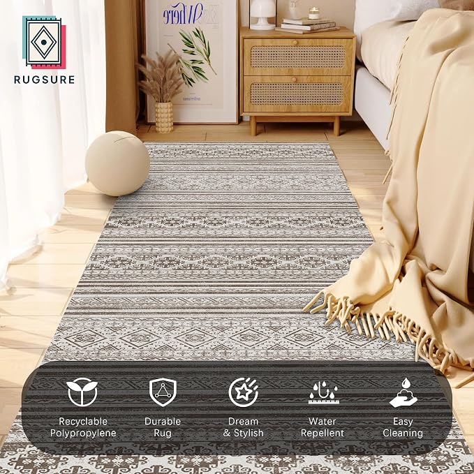 Washable Area Rugs 2'6'' x 8' - 1/6 Thick - Moroccan-Inspired -Stain & Water Resistant Non-Slip - Resistant Rug for Living Room, Bedroom, Nursery, Pet & Child Friendly (Brown)