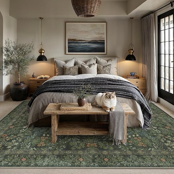 6x9 Dark Green Floral Area Rug Vintage Farmhouse Style | Washable, Non Slip, Soft Low Pile, Indoor Carpet for Living Room, Bedroom, Dining Room, Botanical Decor