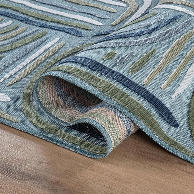CAMILSON Indoor Outdoor Rug, Aqua 10x14 Geometric Arch Striped Large Area Rugs for Patio and Home Areas, Easy-Cleaning Non-Shedding Living Room, Garden and Deck Washable Outside Carpet (10 x 14)