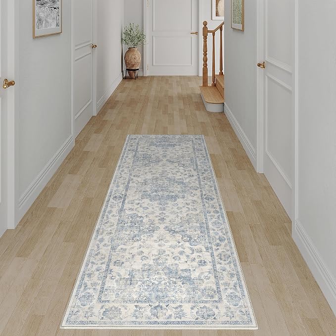 2x5 Blue Neutral Runner Rug | Washable, Non Slip, Soft Low Pile, Vintage Farmhouse, for Hallway Kitchen Laundry Bathroom Bedroom Living Room Home Decor