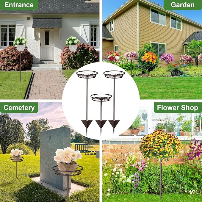 Tellingyou 3 Pack Adjustable Outdoor Flower Pot Stand, Metal Outdoor Plant Stands, Spring Summer Versatile Plant Stand Garden Stake for Display Plants, Elegant Solution for Landscaping Decor (Brown)