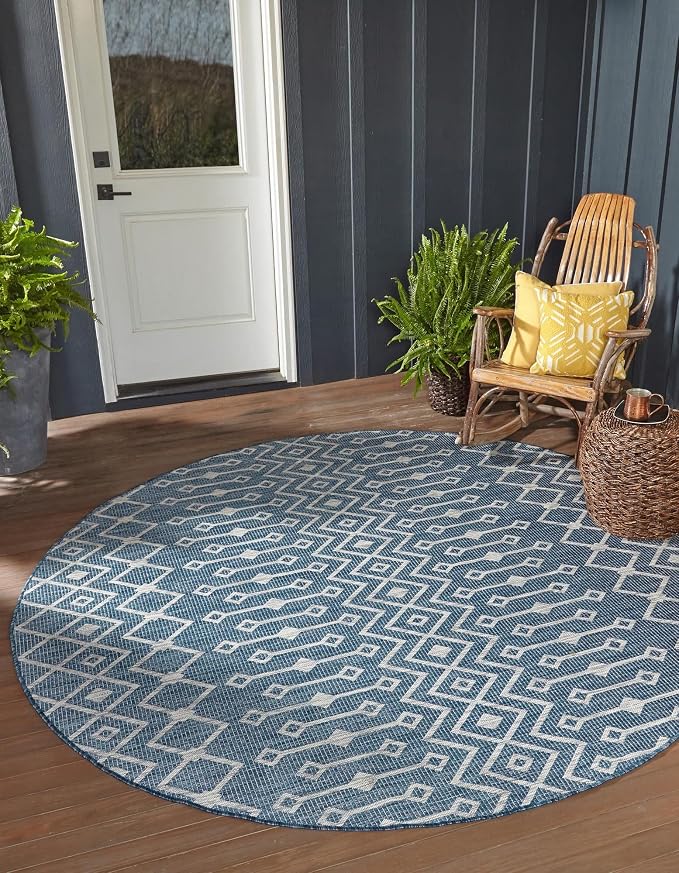 Unique Loom Outdoor Trellis Collection Area Rug - Tribal Trellis (12' Round, Blue/ Ivory)