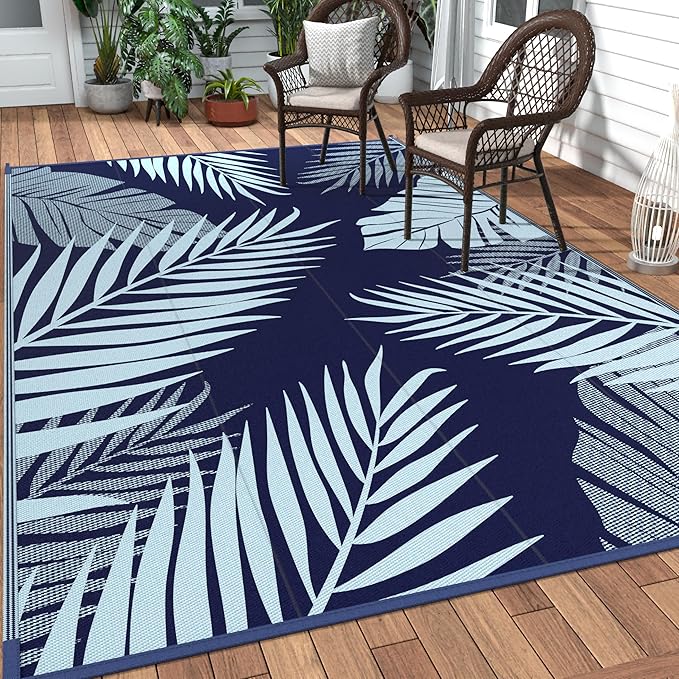 GENIMO Outdoor Rug 10' x 14' Waterproof for Patios Clearance, Reversible Outdoor Plastic Straw Camping Rug Carpet, Large Area Rugs Mats for RV, Camper, Deck, Balcony, Porch, Beach, Navyblue&Brightblue