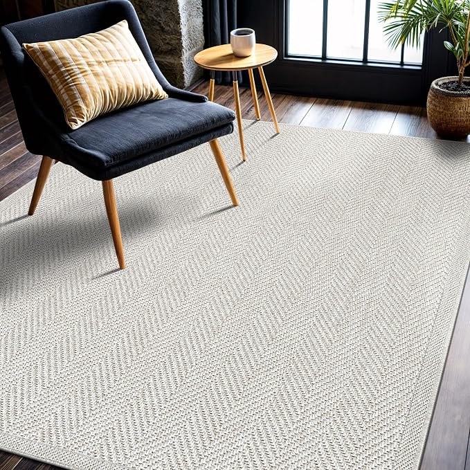 CAMILSON Easy Jute Rug 9x12, Indoor Outdoor Off-White Color Fiber Area Rugs for Living Room and Patio Rug Herringbone Seagrass Boho Woven Design Easy-Cleaning Washable Outside Carpet Alfombras 9 x 12