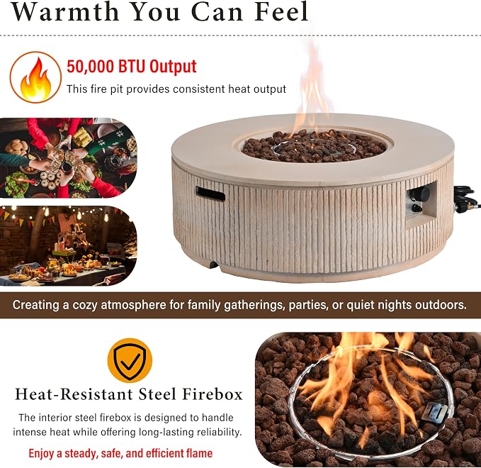Merax 38.19'' MGO Propane Outdoor Fire Pit with Vertical Stripe Design, 50000 BTU Round Fire Pit Table with Steel Burner, Adjustable Flame Control, Lava Rocks & Rain Cover for Patio&Backyard, Brown