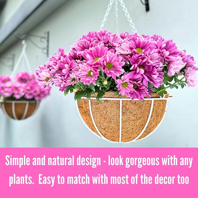 LaLaGreen Hanging Baskets for Plants (2 Pack, 10 Inch) White Hanging Planter Outdoor with Coco Liner, Metal Wire Flower Basket Pots Holder Hanger Hook Deck Patio Porch Garden Balcony Outside Decor