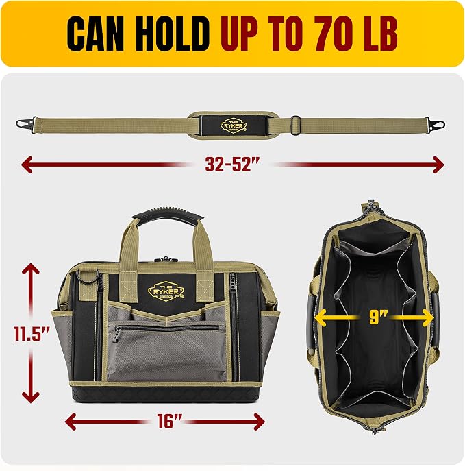 The Ryker Bag 16-inch Large Heavy Duty Wide Mouth Tool-Bag Organizer with Maximum Storage, Portable Utility Bag for Tools, Gift for Dads, Contractors, Mechanics, Technicians, Handyman & Welders