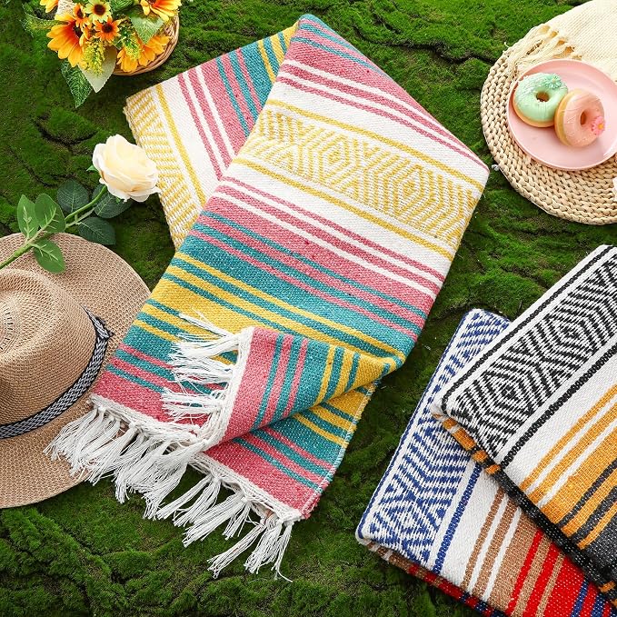 Preboun 4 Pcs Large Mexican Yoga Blanket Pack 45 x 70 Inch Thick Woven Camping Picnic Beach Car Travel Throw Blanket Outdoor Patio Mat Towel