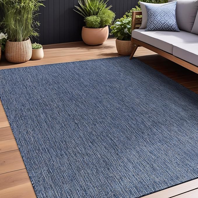 Beverly Rug Indoor Outdoor Rug 10x14, Washable Outside Carpet for Patio, Deck, Porch, Solid Modern Area Rug, Water Resistant, Azure Blue
