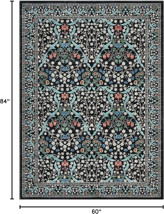 GarveeHome Floral Area Rugs 5x7, Washable Rug for Living Room, Bedroom, Low Pile Non Slip Stain Resistance Indoor Boho Carpet Mat for Farmhouse, Dining Room, Office, Black
