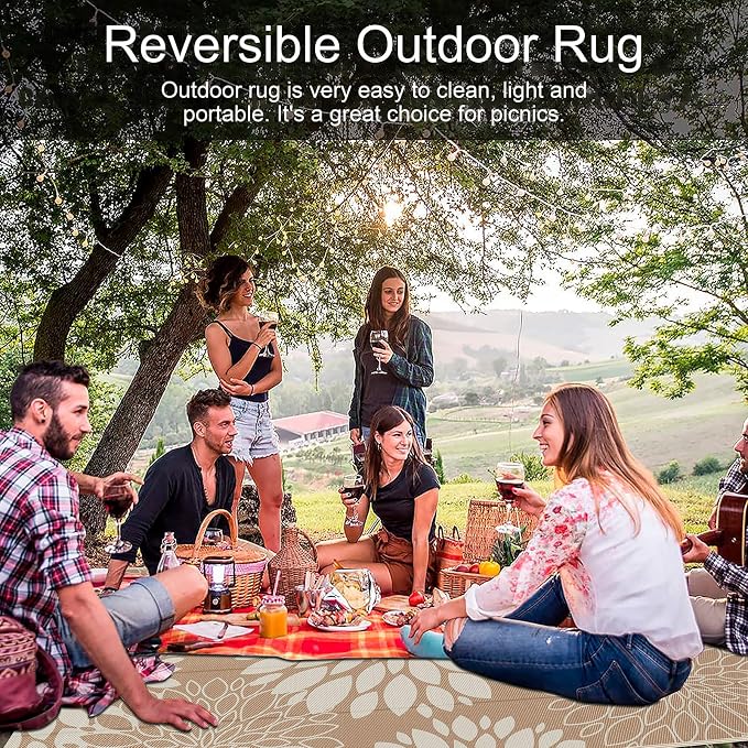 Ileading Waterproof Outdoor Rug 5x8, Reversible Plastic Straw Patio Rug, Portable Indoor Outdoor RV Camping Mat Carpet for Deck, Porch, Balcony, Backyard, Picnic, Floral Brown