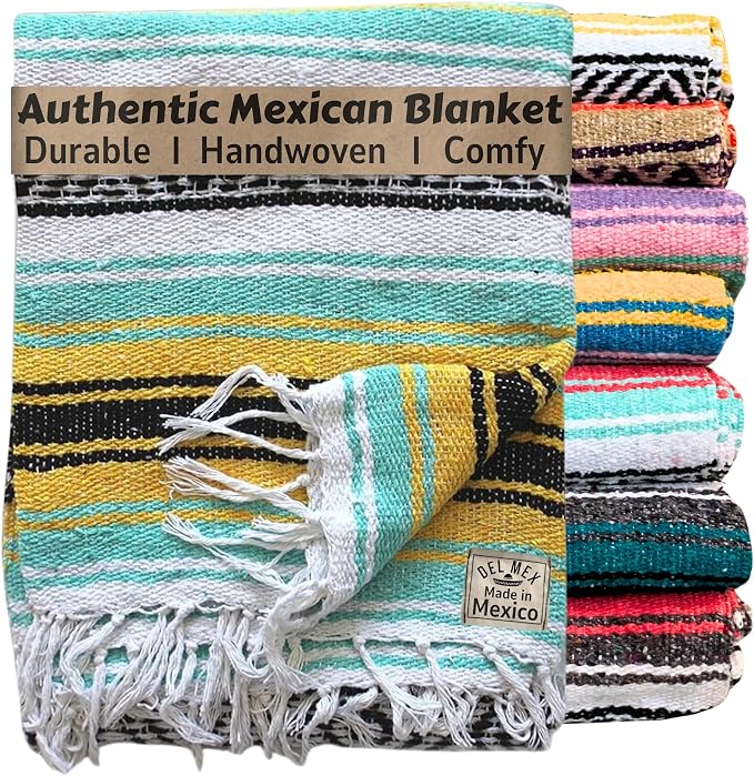 Del Mex Classic Mexican Blanket, Large Authentic Woven Falsa Throw (70"x50"), Artisan Southwest Décor for Beach, Yoga, Outdoors (Mint/Yellow)