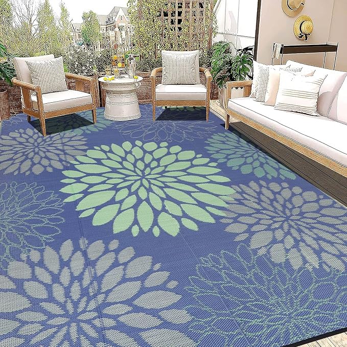 Ileading Waterproof Outdoor Rug 9x12, Reversible Plastic Straw Patio Rug, Portable Indoor Outdoor RV Camping Mat Carpet for Deck, Porch, Balcony, Backyard, Picnic, Floral Navy Blue
