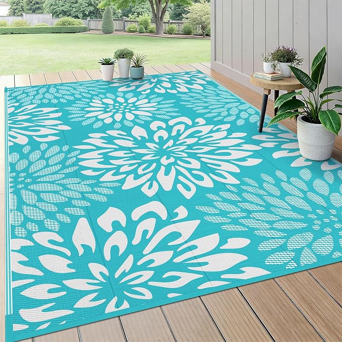HEBE Waterproof Outdoor Rug 6x9 for Patios, Floral Reversible Plastic Straw Rug Patio Mat, Indoor Outdoor Carpet RV Mat Camping Rug for Deck, Camper, Porch, Balcony, Backyard, Picnic