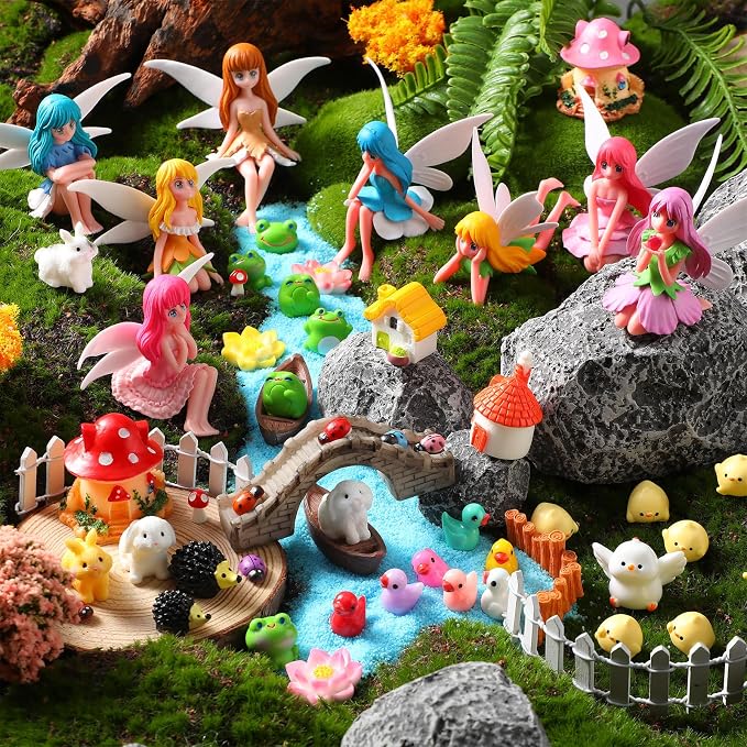 Seenelling 150 Pcs Fairy Garden Accessories Miniatures Figures Kit Micro Landscape Resin Mushroom Animals Fake Pond Lawn Bridge Garden Decoration