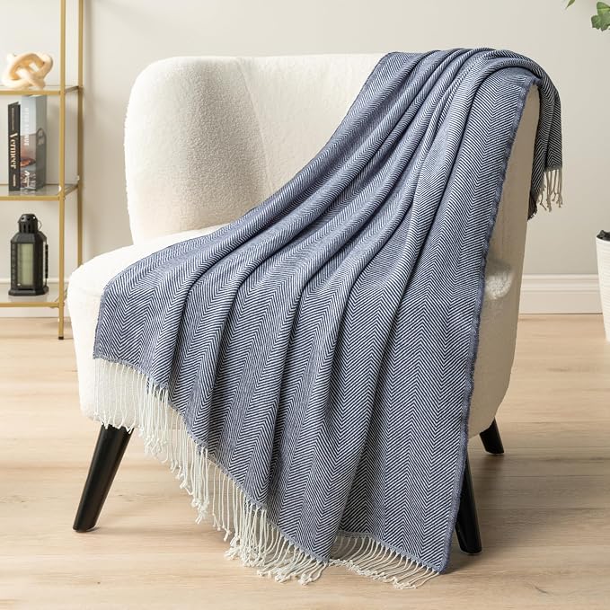 PAVILIA Navy Blue Herringbone Throw Blanket for Couch Bed, Decorative Outdoor Throw Blanket, Faux Cashmere Blanket Throw, Lightweight Accent Sofa Blanket Throw, 50x60