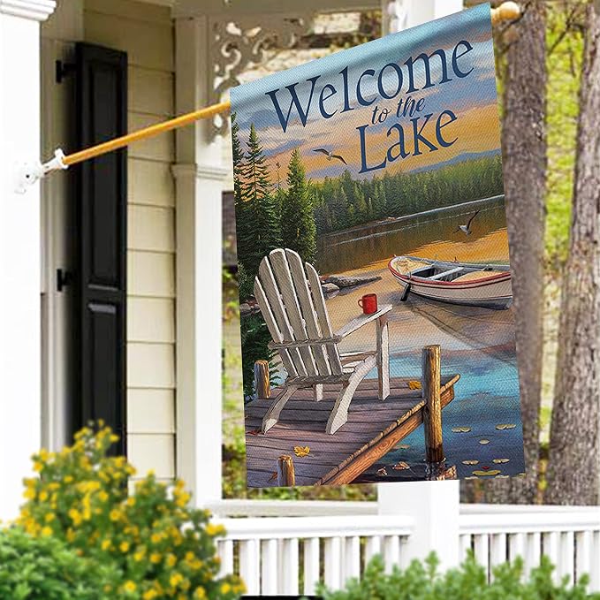 Furiaz Summer Spring Welcome to the Lake Adirondack Chairs Decorative House Flag, Lakehouse Lakeside Boat Ocean Garden Yard Outside Burlap Decoration Outdoor Large Decor Double Sided 28x40